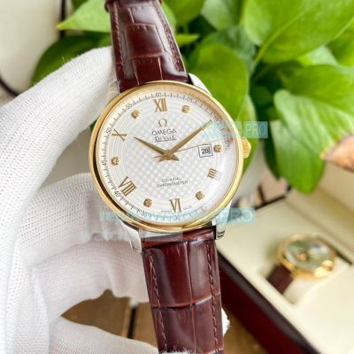 Super Copy Omega De Ville Watch White Dial Brown Leather Strap Yellow Gold Bezel 40mm